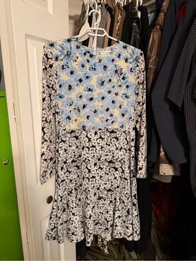 Warehouse Floral Patchwork Long-Sleeve Midi Dress - Light Blue & Black
